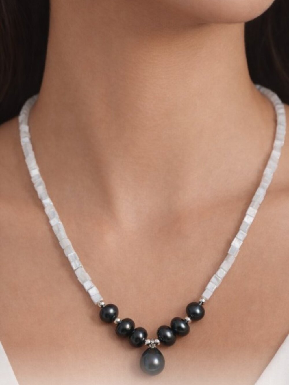 White Mother of Pearl and Freshwater Pearl Necklace.